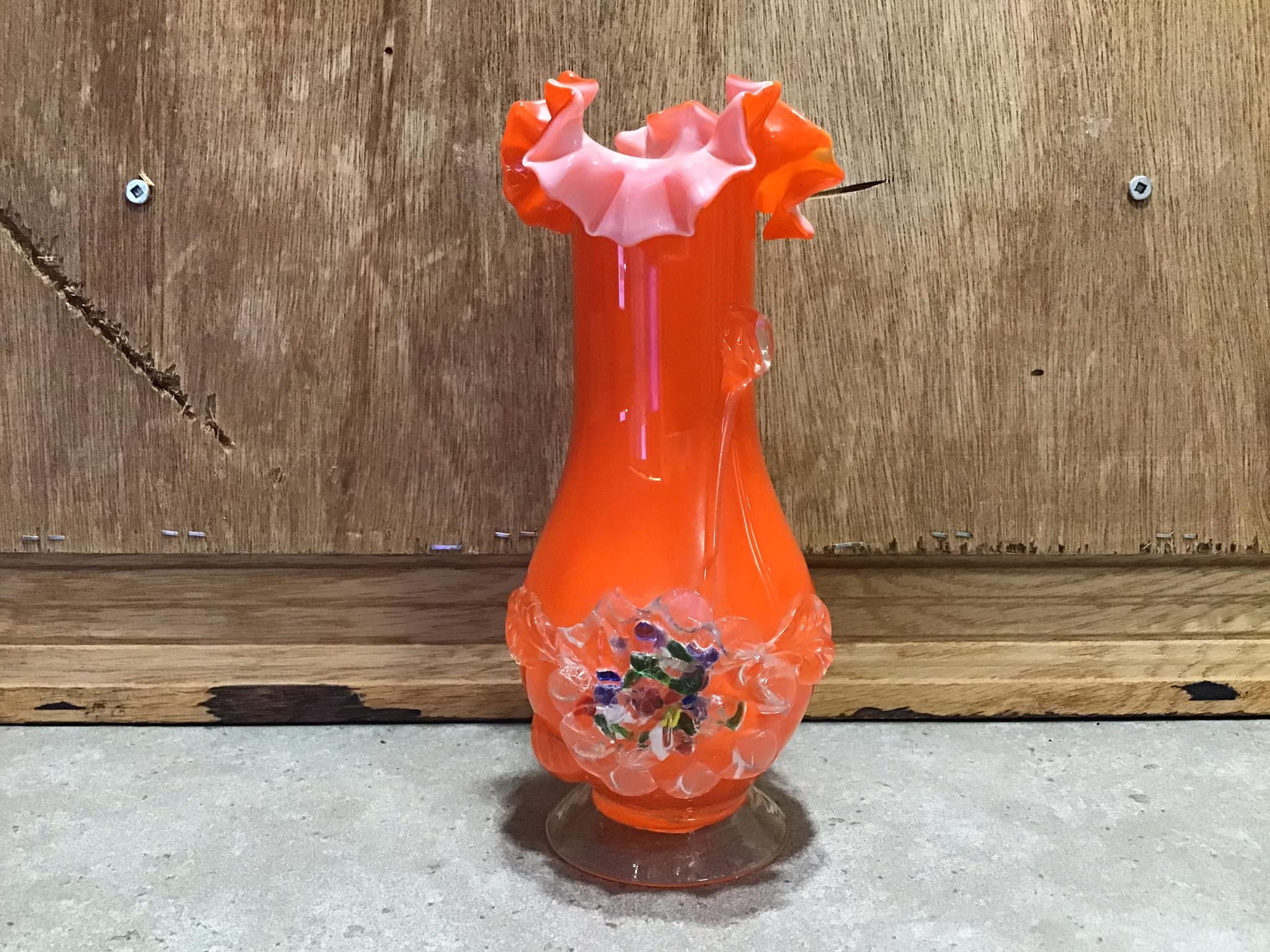 Vintage Art Glass Vase Orange Frilled Italian Murano Style