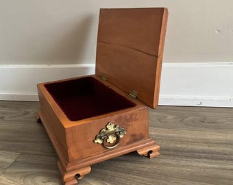 Vintage Rustic Wooden Box with Brass Handles & Red Velvet Interior
