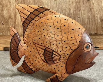 Wood Fish Sculpture - Wooden Carving - Coastal Beach House Decor - Seaside Cottage - Fish Scale Detail.