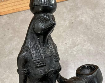 Vintage Egyptian Goddess Candle Holder, Black Resin Seated Statue, Ancient Egypt Decor Altarpiece.