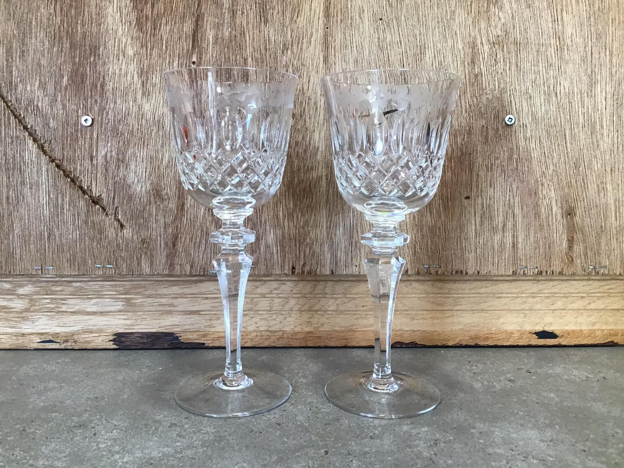 2 Antique or Vintage Etched Wine Glasses Set, Crystal Goblets, Water Glasses,  Wine Glasses, Tall Stem Tulip Glasses, 8 Tall. 