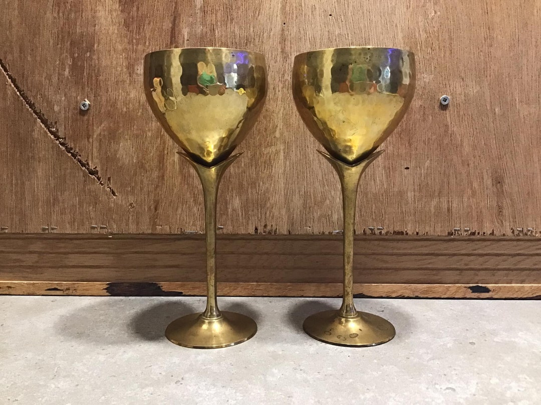 2 Vintage Solid Brass Wine Goblets With Tulip Stems Made in India Etsy