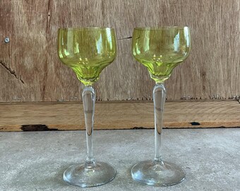 Vintage Mid-Century Modern Chartreuse Glass Cordial Set of 2, Olive Green Glasses, Long Clear Stems, MCM Barware Decor