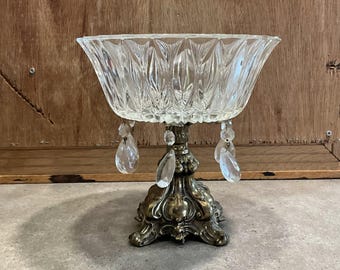 Vintage Crystal Compote Bowl with Faceted Drops and Brass Base Pedestal Dish