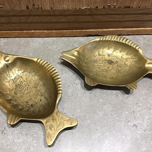 2 Vintage Brass Fish Trinket Dish and Ashtray Etched brass.