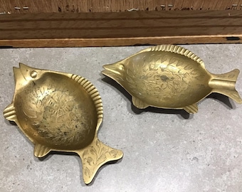 2 Vintage Brass Fish Trinket Dish and Ashtray Etched brass.