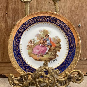 B & C Limoges Fragonard Porcelain Plate 6.5 inches , Couple, Cobalt Blue and Gold ,with Heavy Gold filigree, Made in France
