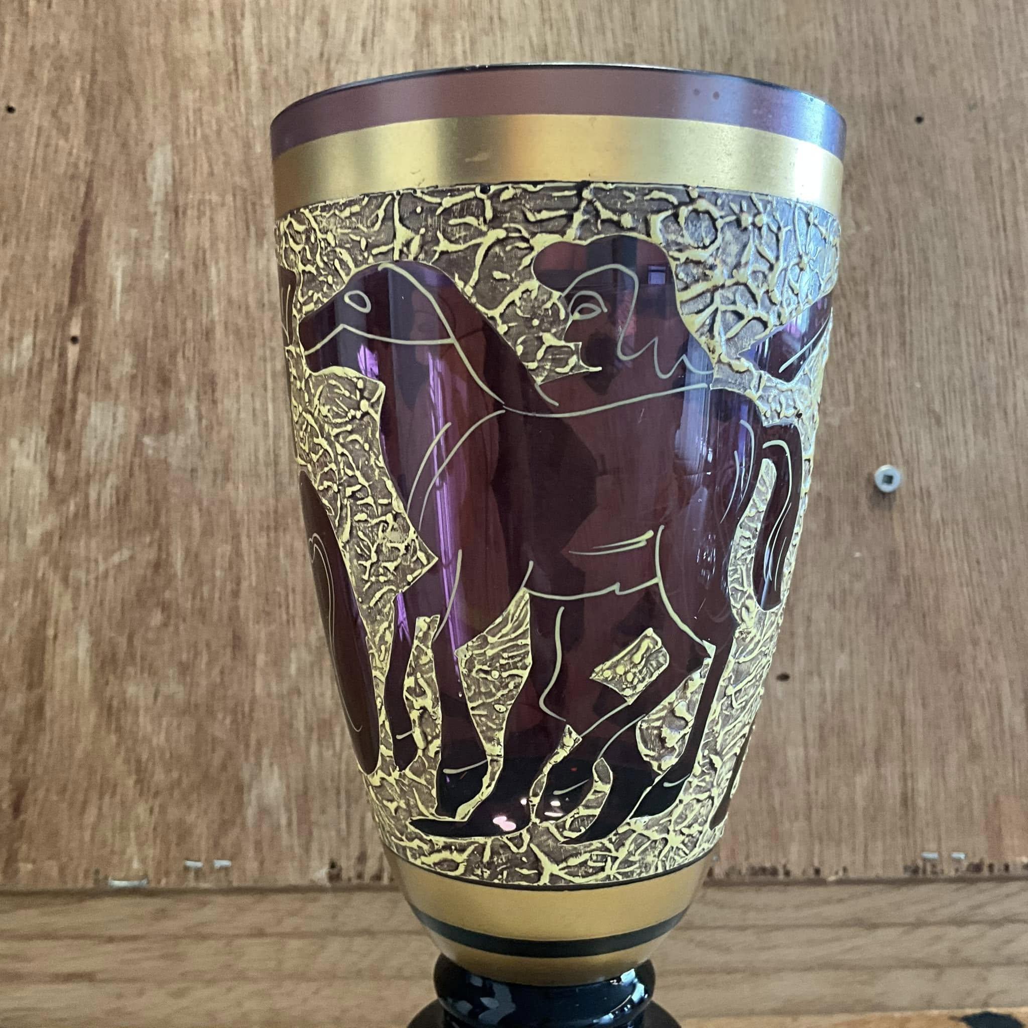 ヴィンテージギリシャデザインの花瓶：24Kゴールドアメジストガラス