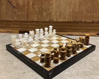 Set di scacchi in pietra 8"x8" Scacchi messicani, set di scacchi fatto a mano, set di scacchi vintage in onice e marmo fatto a mano completo