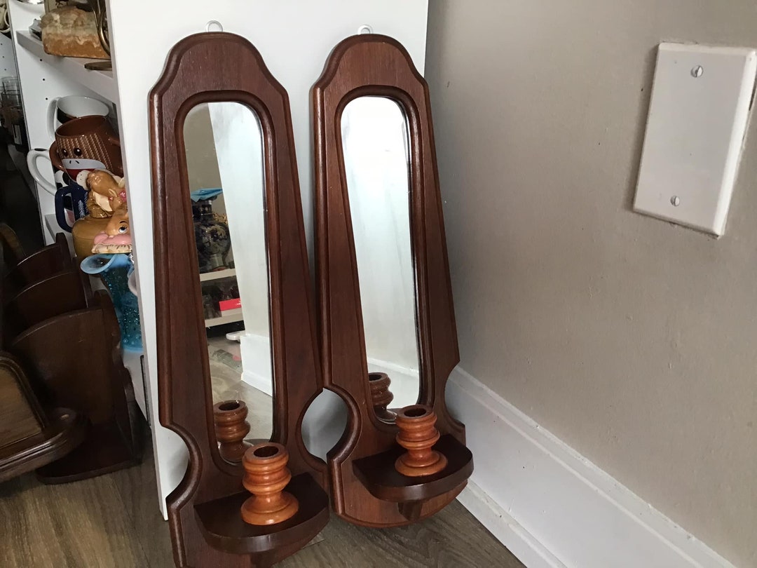 2 Mirrored Wood Wall Candle Sconces Vintage Mid Century Wood Wall