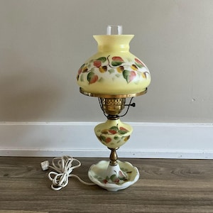 Vintage Lamp, Hurricane Lamp with Shade, Glass Floral Lamp, Flowers, Table Top, Glass, Lamp, Light