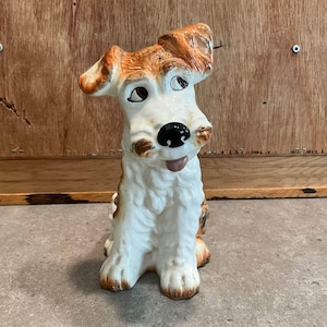 Vintage SylvaC England Wire Haired Fox Terrier Figurine, Glossy Ceramic Seated Terrier Dog Statue, British Kitsch Canine Collector Gift