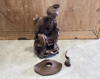 Vintage or Antique Chinese Carved Wood Man Figure Statue.