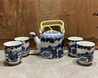 Vintage Chinese Blue & White Tea Set with Teapot and 4 Cups – Porcelain Set