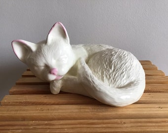 Ceramic Cat figurine, Vintage Home decor White with pink and glaze