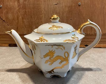 Vintage Sadler Gold Dragon Teapot - Hexagonal English Porcelain Tea Pot - Chinoiserie Pagoda Style Gilt - Made in England Gift