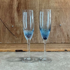 2 Blue Clear Crackle Champagne Glasses