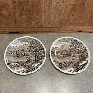 Wood & Sons, Burslem, WESTMORLAND, Country Village Scene, Set of 2, Brown Ironstone Plates, Diameter 6.9 inches, Made in England