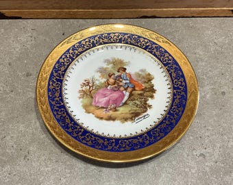 リモージュ・フラゴナール磁器プレート：コバルトブルーと金彩