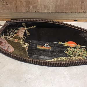 Vintage Glass Reverse Painted Tray, MCM Windmill and Boat Art Deco - Mid Century Art Serving Platter Bar Cart, Wall Decor