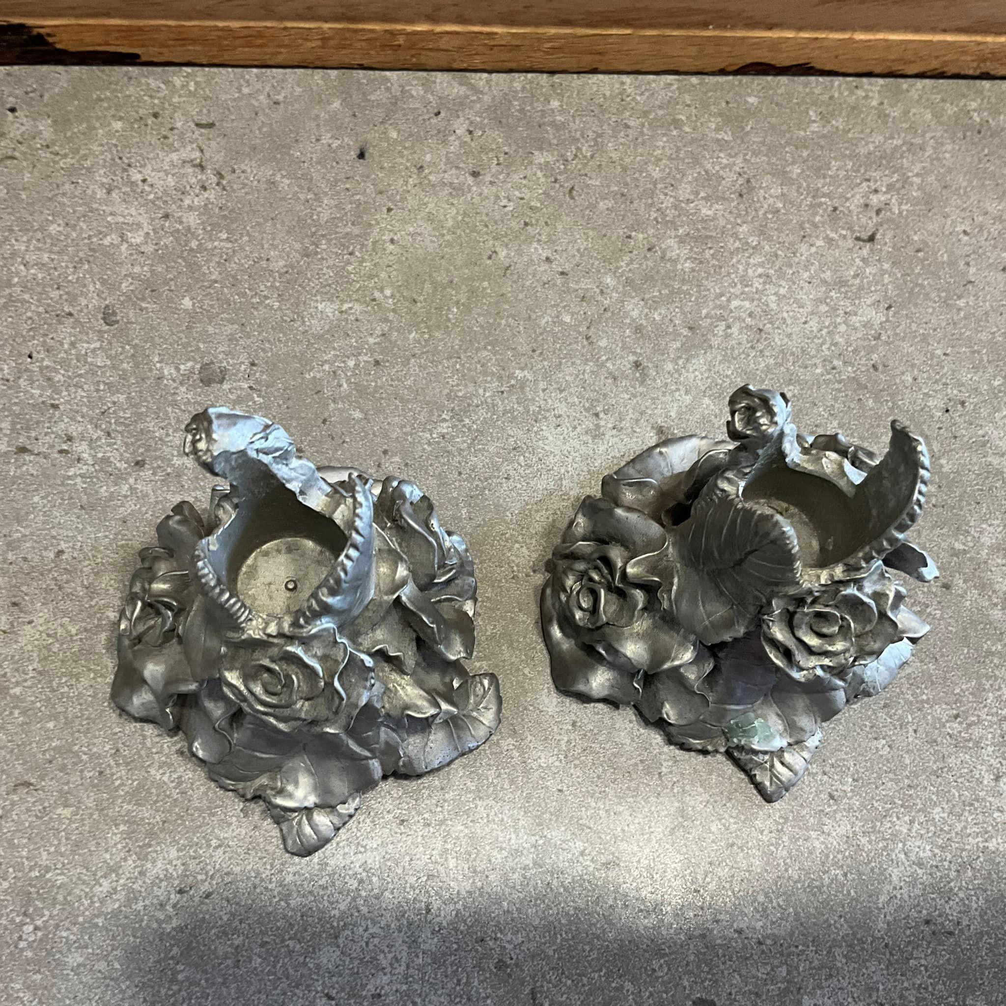 ヴィンテージ SEAGULL ピューター製「ROSES」キャンドルホルダー ペア