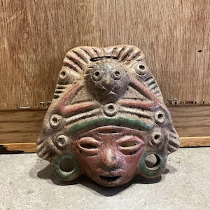 Small Mexico Aztec Man Clay Mask 3D Vintage Wall Mayan Pottery Art