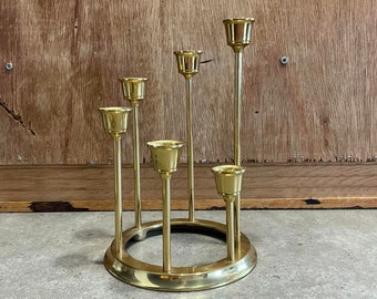 Vintage Brass Candlestick, Round Base, Brass 6 Arm Brass Candelabra, Brass Candle Holder, Centerpiece on any Table