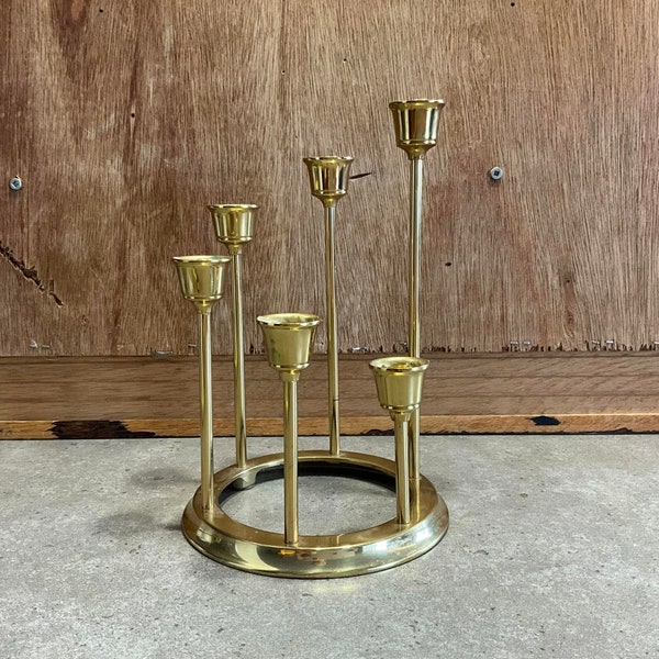 Vintage Brass Candlestick, Round Base, Brass 6 Arm Brass Candelabra, Brass Candle Holder, Centerpiece on any Table