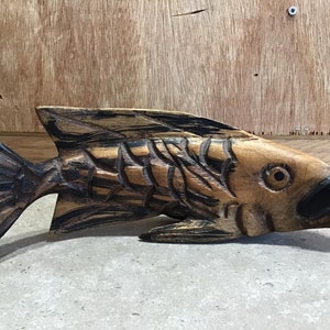 Vintage Hand Carved Wood Carving Fish Art Sculpture 11 inches tiki bar decor
