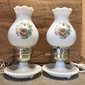 Pair of Vintage White Milk Glass Hand Painted Electric Hurricane Table Lamps
