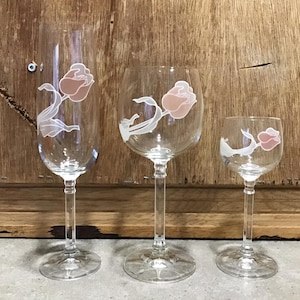 Set of 3, Champagne, Wine and Liquor Glasses with Pink Tulip Design