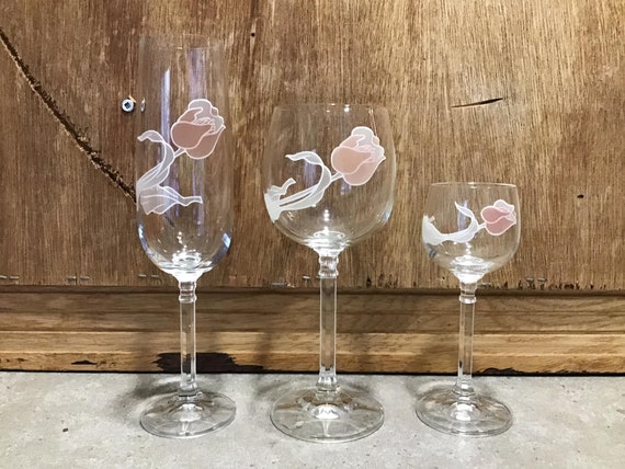 3 Champagne, Wine and Liquor Glasses With Pink Tulip Design