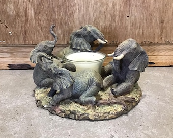 4 Elephants Round Candle Holder for centerpiece for shelf, countertop, desk, coffee or end table, Elephant Figurine, Elephant Statue