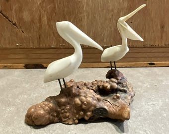 Vintage John Perry Pelican Sculpture on Burl Wood Base, Pellucite Double Pelican Figurine, Mid-Century Modern Coastal Decor