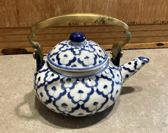 Vintage Thai Blue and White Porcelain Teapot with Brass Handle, Hand Painted Pineapple Pattern, Oriental Tea Pot, Chinoiserie Decor