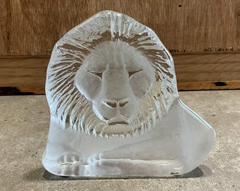 Vintage Frosted Art Glass Lion Wild Animal Paperweight Signed, Numbered