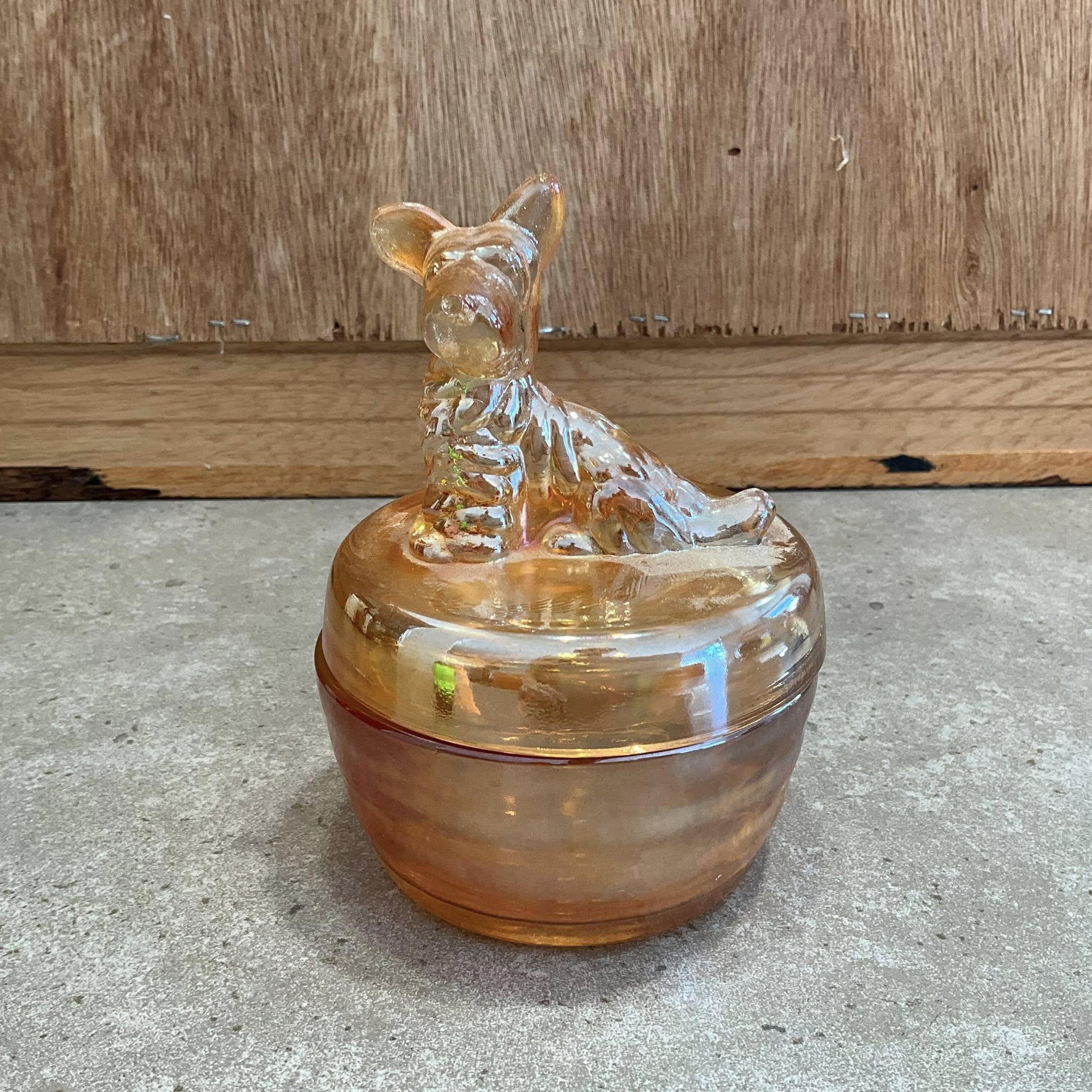 Jeanette Glass Dog Powder Jar / Vintage Peach Lusterware Scottie