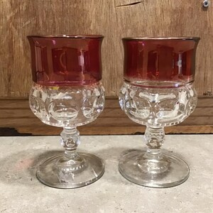 2 King Crown Red Cranberry Flashed Thumbprint Stemmed Glasses, 1950s