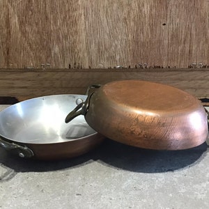 Copper Au Gratin Pot/ Small Antique Copper Pan/ Copper Pot with Brass Handles/ Rustic Copper Pot