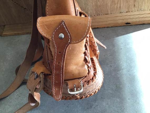 Vintage Tooled Leather Backpack: Braided Bohemian Dra… - Gem display picture 3
