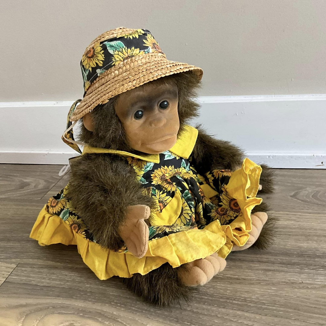 Vintage Hosung Monkey Hand Puppet Plush Flocked Face, Yellow