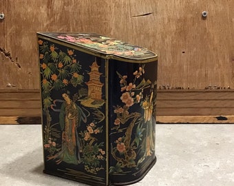 Vintage Daher Tea Tin with Hinged Lid, Geisha, Cherry Blossoms, Japanese Landscape, Storage Container, Made in England