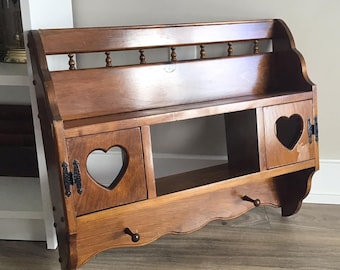 Vintage Wood Display shelf with 2 Doors , Wall Wooden Shelf with 2 Hooks and Hearts on Door