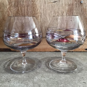2 Brandy Snifters - Multi-Color Mosaic Stained Glass Design, Vintage Hand Crafted Blown Romanian Crystal - Set of (2)