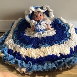 Vintage Hand Crochet Doll Knit Blue White  Dress and Hat
