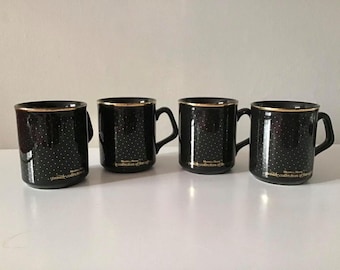 4 Coffee Mugs Maxwell House Private Collection of Fine Coffees, Black with Gold, Mugs Cups, Set of Four Made in England