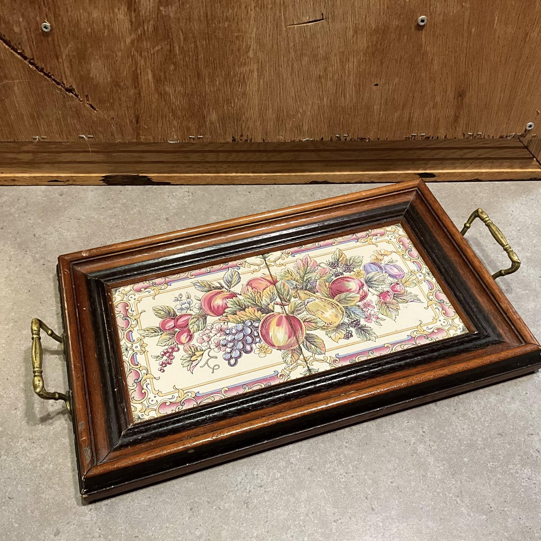 Vintage Tilecrafts Staffordshire Tea Tray, Wooden Frame, Brass 