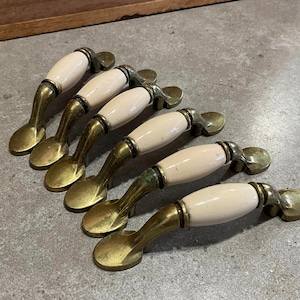 6 Vintage Brass and Beige Ceramic Hardware Cabinet Drawer Pulls Handles