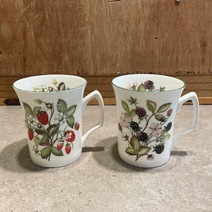 Peut inclure: Deux tasses en céramique blanche avec des bordures et des anses vertes. L'une présente un motif de fraises rouges et de feuilles vertes. L'autre a un motif de mûres noires et de feuilles vertes.