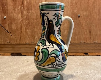 Vintage 1984 Korond Transylvanian Pottery Jug - Signed Páll Magdolna Folk Art Pitcher - Authentic Hungarian Romanian Bird Motif Ceramic